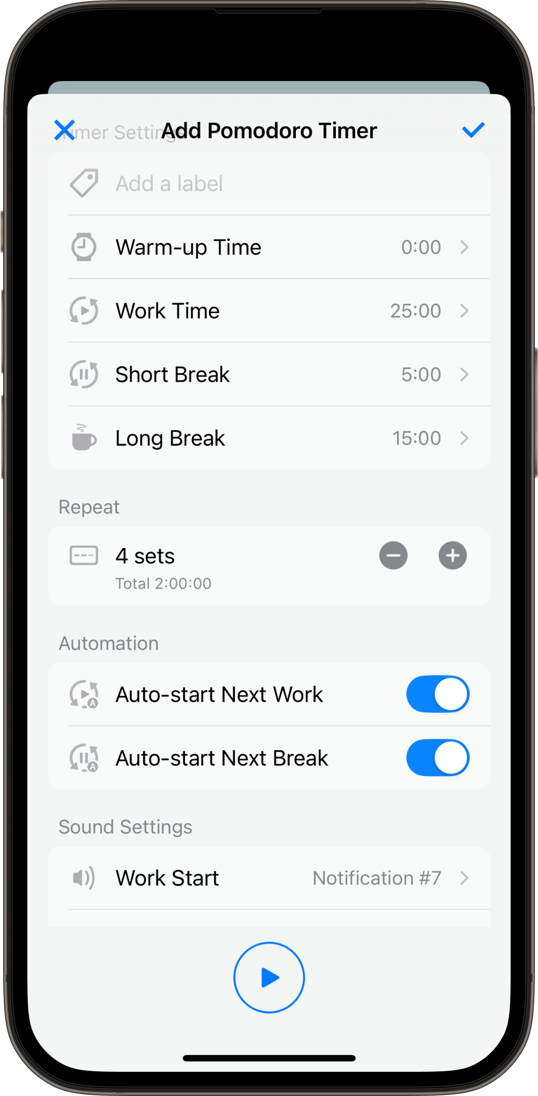 Pomodoro settings screen